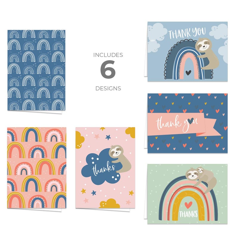 Canopy Street Sloth And Rainbow Thank You Cards / 24 Colorful Thank You Cards With White Envelopes / 6 Cute Whimsical Animal Appreciation Designs / 3 1/2" x 4 7/8" All Occasion Gratitude Note Cards - Image 2